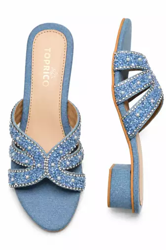 Blue beaded faux leather denim block heels for women