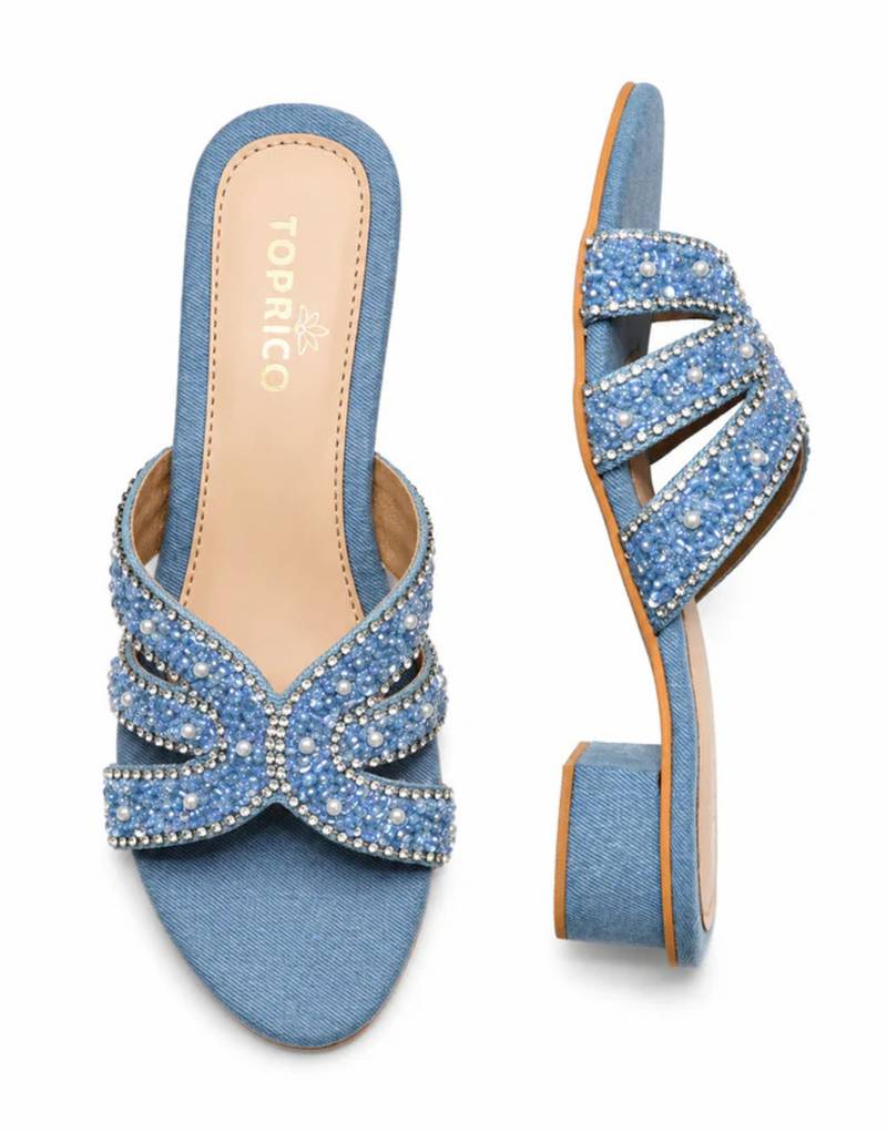 Blue beaded faux leather denim block heels for women