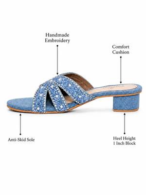 Blue beaded faux leather denim block heels for women 4