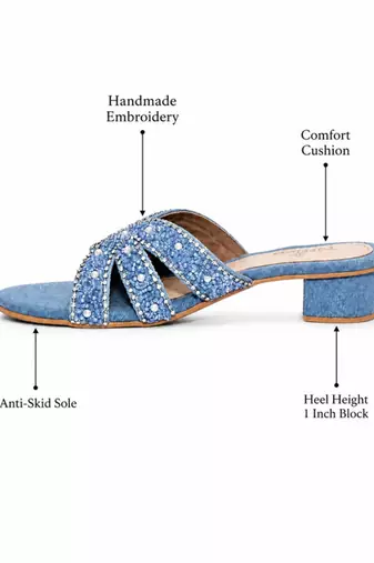 Blue beaded faux leather denim block heels for women