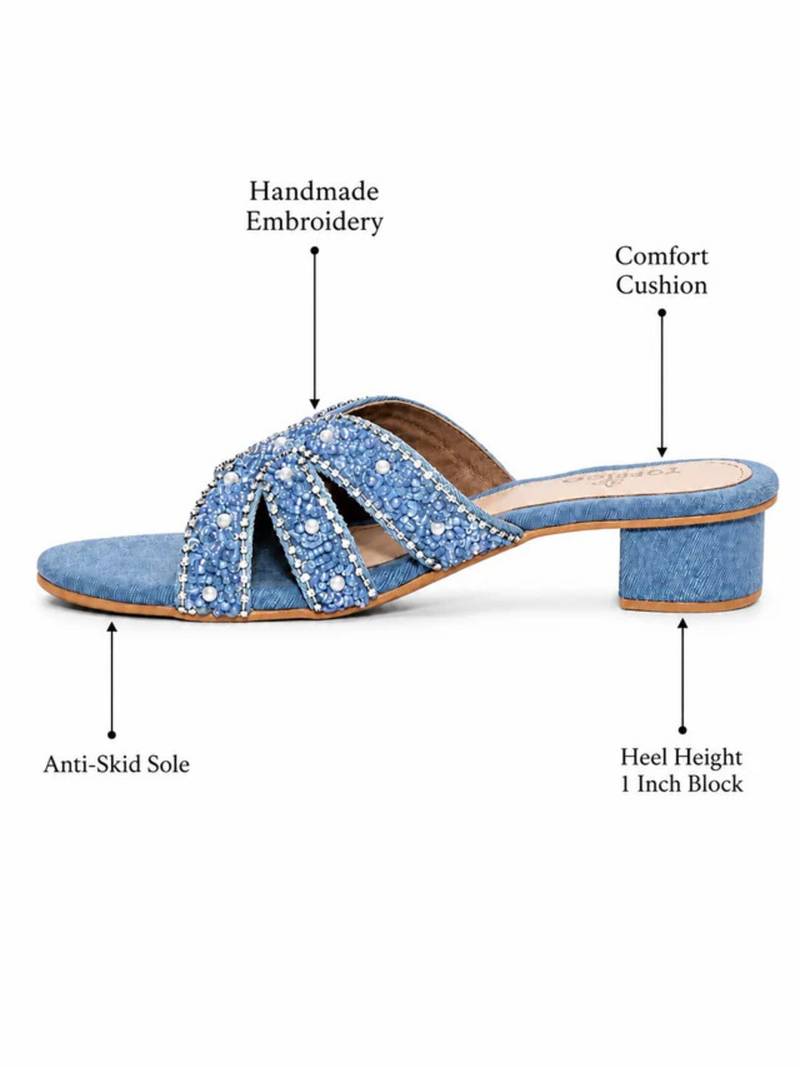 Blue beaded faux leather denim block heels for women