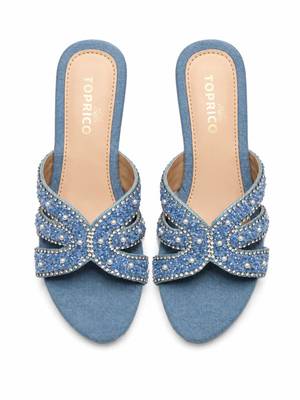 Blue beaded faux leather denim block heels for women 5