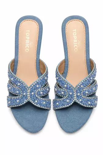 Blue beaded faux leather denim block heels for women