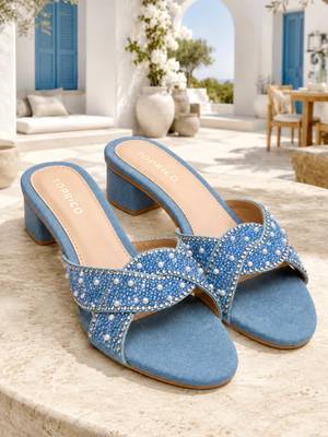 Blue denim embellished faux leather criss cross heels for women 1