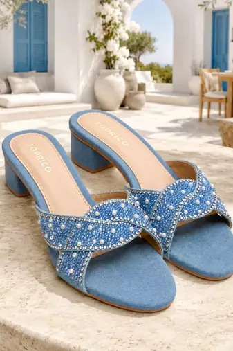 Blue denim embellished faux leather criss cross heels for women