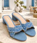 Blue denim embellished faux leather criss cross heels for women