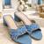 Blue denim embellished faux leather criss cross heels for women