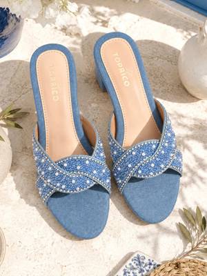 Blue denim embellished faux leather criss cross heels for women 2