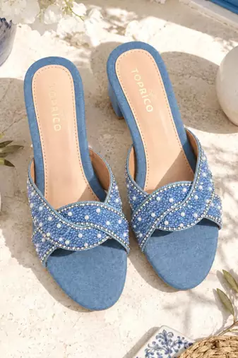 Blue denim embellished faux leather criss cross heels for women