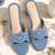 Blue denim embellished faux leather criss cross heels for women