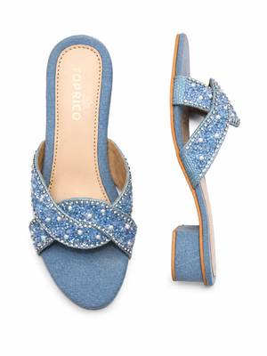 Blue denim embellished faux leather criss cross heels for women 3