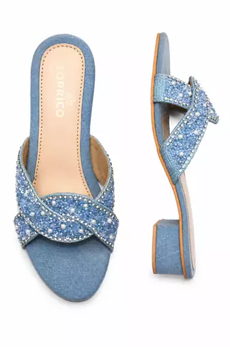 Blue denim embellished faux leather criss cross heels for women