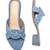 Blue denim embellished faux leather criss cross heels for women