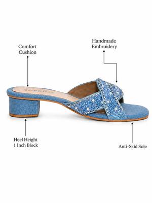 Blue denim embellished faux leather criss cross heels for women 4