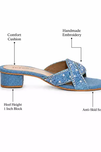 Blue denim embellished faux leather criss cross heels for women