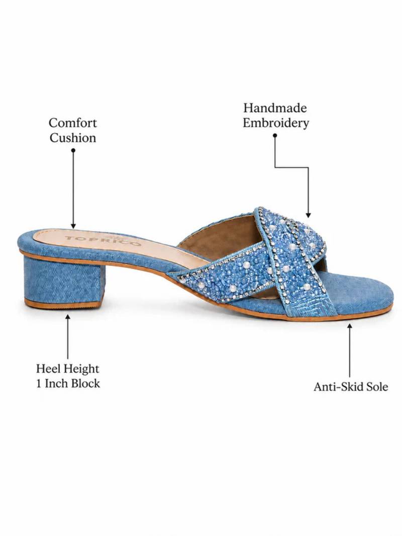 Blue denim embellished faux leather criss cross heels for women