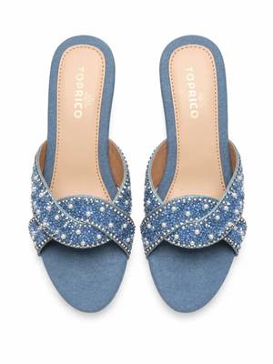 Blue denim embellished faux leather criss cross heels for women 5