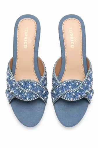 Blue denim embellished faux leather criss cross heels for women