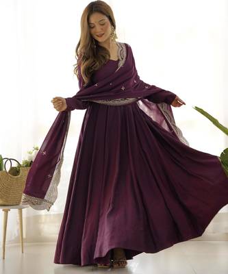 Women's Beautiful Solid Roman Silk Chanderi Fabric Flared Anarkali Pant and Dupatta Set 1