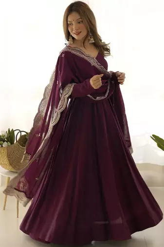 Women's Beautiful Solid Roman Silk Chanderi Fabric Flared Anarkali Pant and Dupatta Set