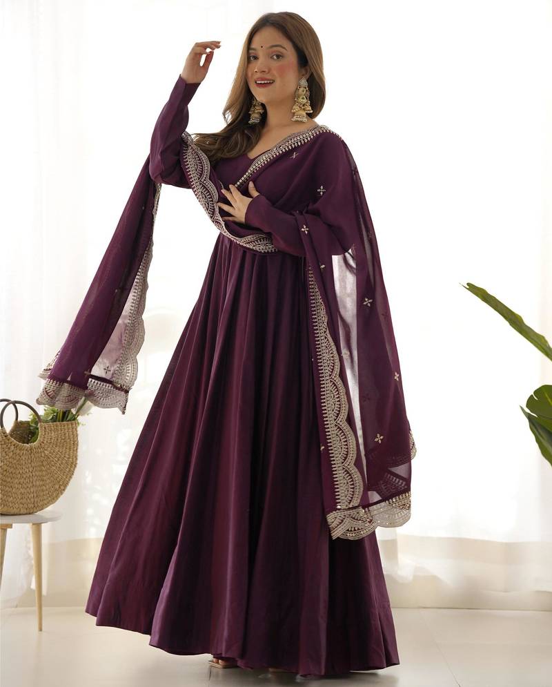 Women's Beautiful Solid Roman Silk Chanderi Fabric Flared Anarkali Pant and Dupatta Set