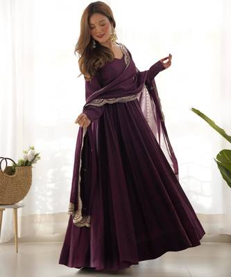 Women's Beautiful Solid Roman Silk Chanderi Fabric Flared Anarkali Pant and Dupatta Set 5