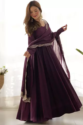 Women's Beautiful Solid Roman Silk Chanderi Fabric Flared Anarkali Pant and Dupatta Set