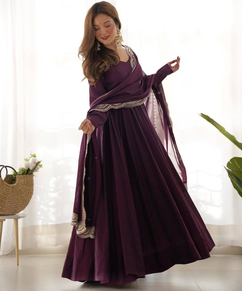 Women's Beautiful Solid Roman Silk Chanderi Fabric Flared Anarkali Pant and Dupatta Set