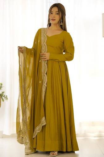 Women's Beautiful Solid Roman Silk Chanderi Fabric Flared Anarkali Pant and Dupatta Set