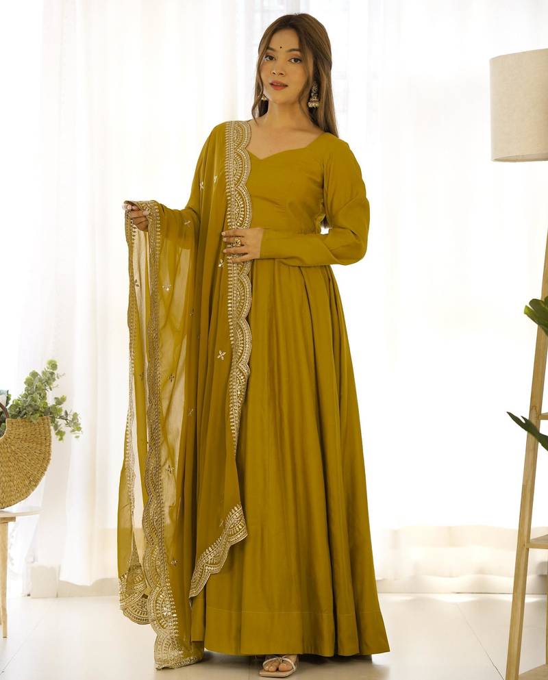 Women's Beautiful Solid Roman Silk Chanderi Fabric Flared Anarkali Pant and Dupatta Set