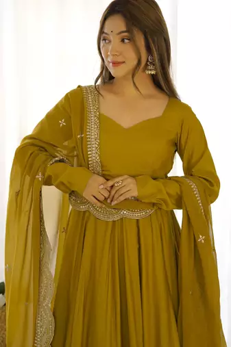 Women's Beautiful Solid Roman Silk Chanderi Fabric Flared Anarkali Pant and Dupatta Set