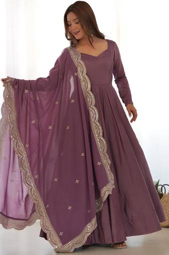 Women's Beautiful Solid Roman Silk Chanderi Fabric Flared Anarkali Pant and Dupatta Set