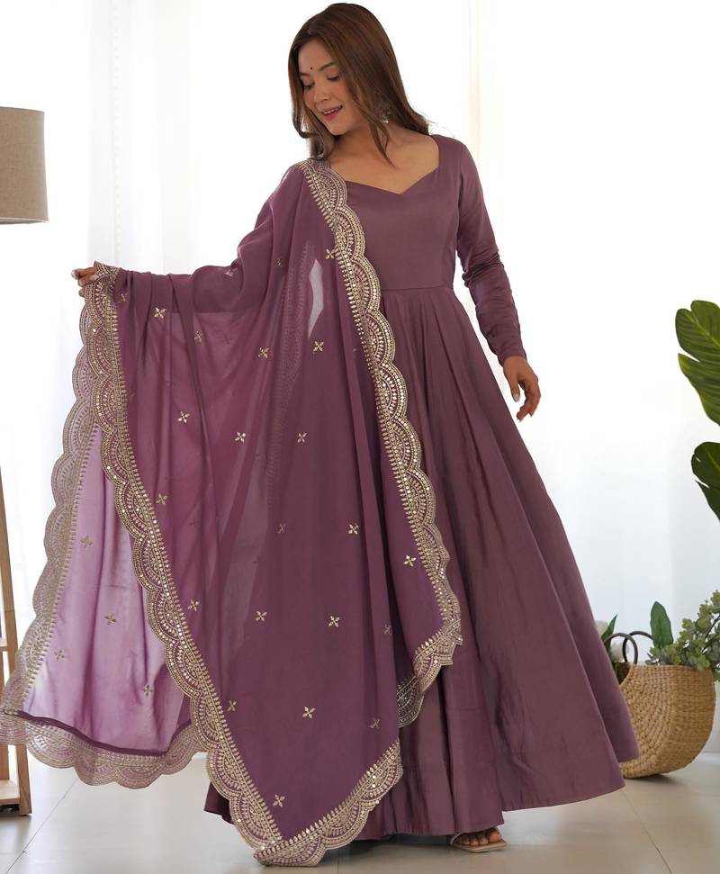 Women's Beautiful Solid Roman Silk Chanderi Fabric Flared Anarkali Pant and Dupatta Set