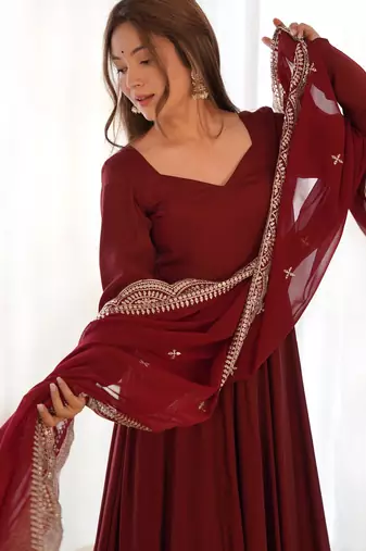Women's Beautiful Solid Roman Silk Chanderi Fabric Flared Anarkali Pant and Dupatta Set