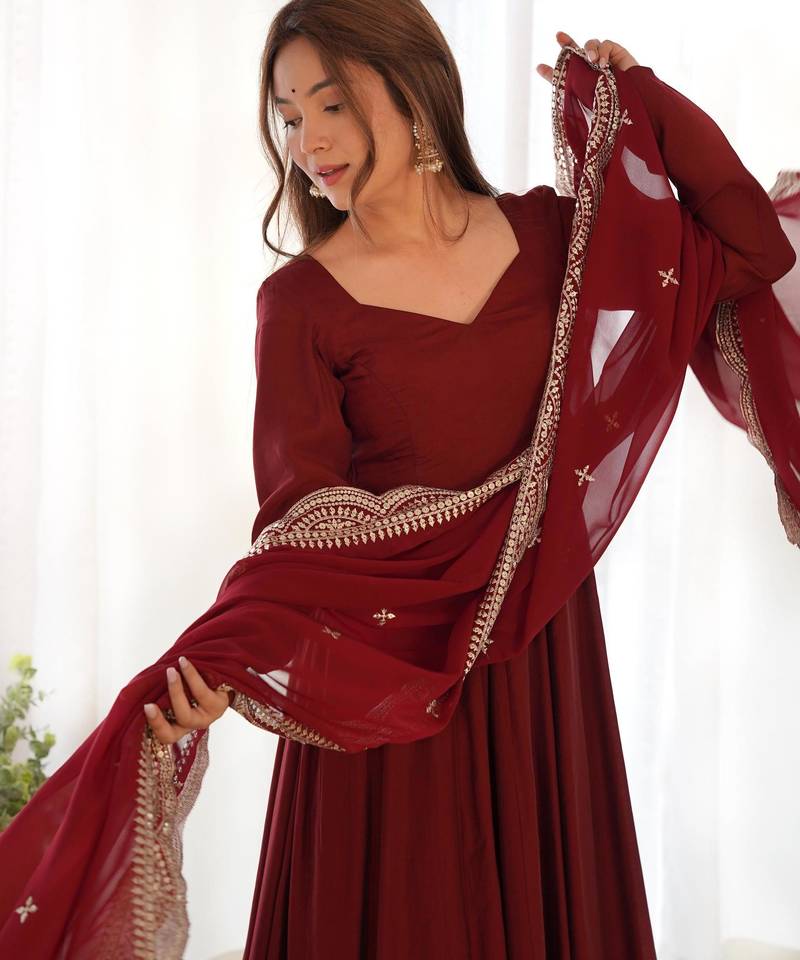 Women's Beautiful Solid Roman Silk Chanderi Fabric Flared Anarkali Pant and Dupatta Set