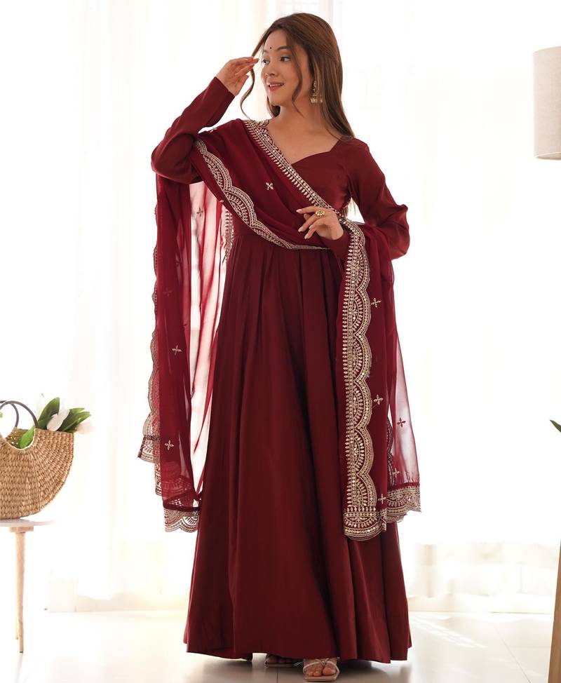 Women's Beautiful Solid Roman Silk Chanderi Fabric Flared Anarkali Pant and Dupatta Set