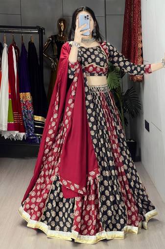 ajarakh prints royon fabric chaniya choli with dupatta - full stitched free size