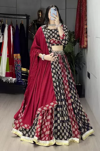 ajarakh prints royon fabric chaniya choli with dupatta - full stitched free size