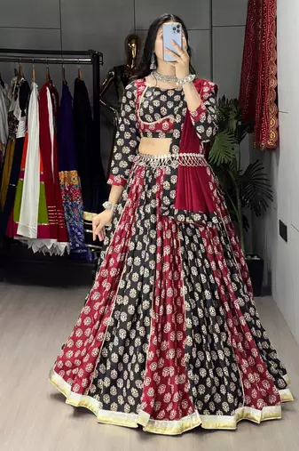 ajarakh prints royon fabric chaniya choli with dupatta - full stitched free size