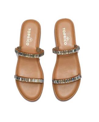 Tan crystal embellished faux leather two strap flats for women 1