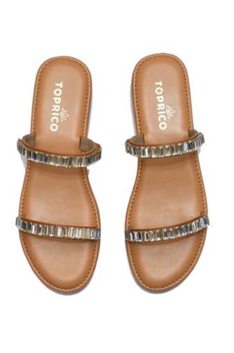 Tan crystal embellished faux leather two strap flats for women