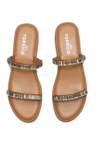 Tan crystal embellished faux leather two strap flats for women