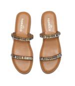Tan crystal embellished faux leather two strap flats for women