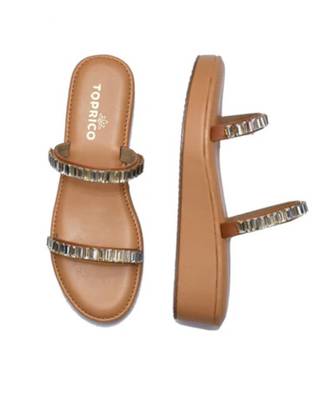 Tan crystal embellished faux leather two strap flats for women 2