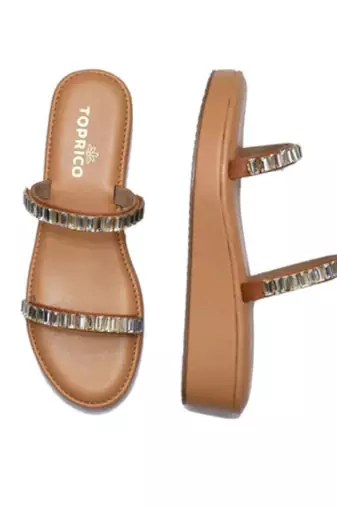 Tan crystal embellished faux leather two strap flats for women