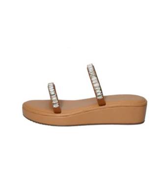Tan crystal embellished faux leather two strap flats for women 3