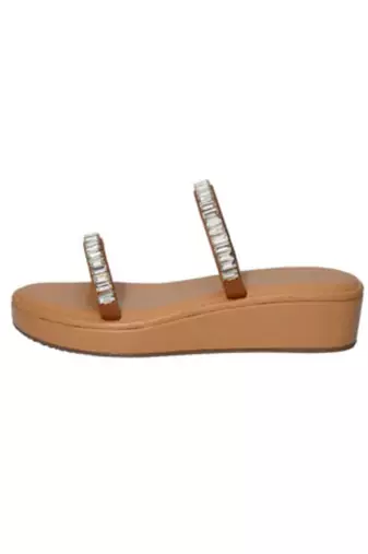 Tan crystal embellished faux leather two strap flats for women