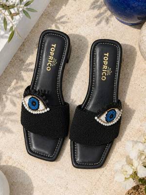 Black beaded faux leather block slides for women 1