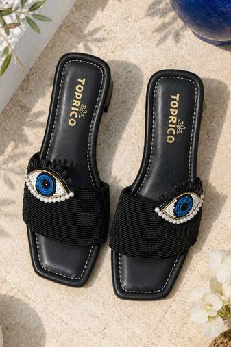 Black beaded faux leather block slides for women