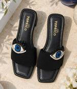 Black beaded faux leather block slides for women